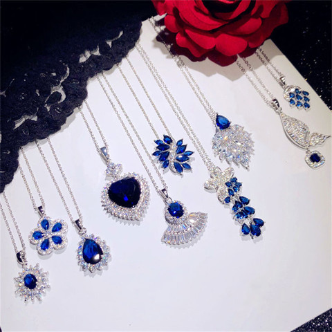 Luxury Vintage Necklaces Pendants For Women 925 Sterling Silver Sapphire Blue Cubic Zirconia Clavicular Chain Fine Jewelry ► Photo 1/6