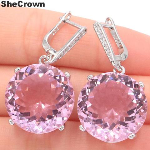 35x20mm Big Round Heavy 16g 20mm Created Pink Kunzite CZ Woman's Party Silver Earrings ► Photo 1/3