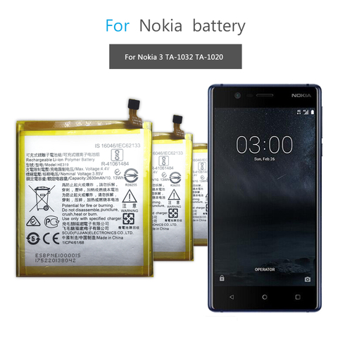 Mobile Phone Battery For Nokia 3 Nokia3 TA-1020 1028 1032 1038 Replacement Battery HE319 2630mAh ► Photo 1/6