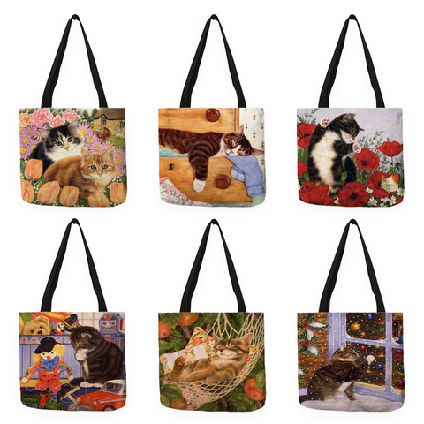 B13025 Cute Cat Flower Painting Print Womens Designer Tote Bags Women Handbag Large Shopping Bag Foldable For Groceries ► Photo 1/6