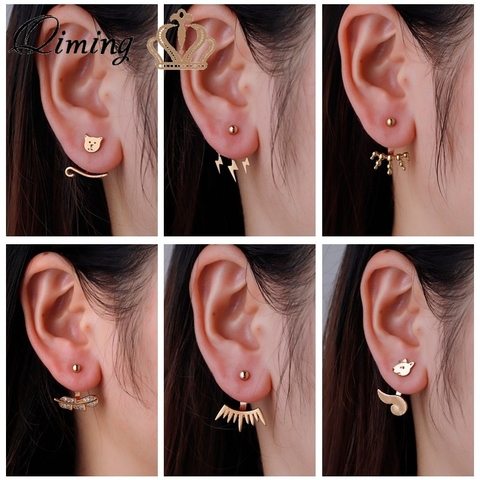 QIMING Handmade Ear Jackets Stud Earrings Women Female Crystal Leave Bear Fox Thunder Ear Jacket Earrings new new Jewelry ► Photo 1/6