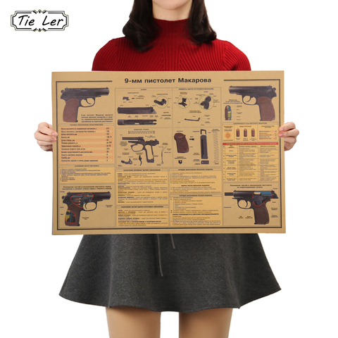 TIE LER 9 MM Pistol Weapon Design Figure Kraft Paper Bar Poster Retro Poster Living Room Stickers Decorative Painting 51x36cm ► Photo 1/6