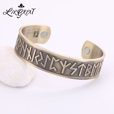 LIKGREAT Vintage Nordic Viking Rune Open Cuff Bracelet Magnetic Therapy Bangle Women Men Antique  Copper Jewely Bijoux ► Photo 1/6