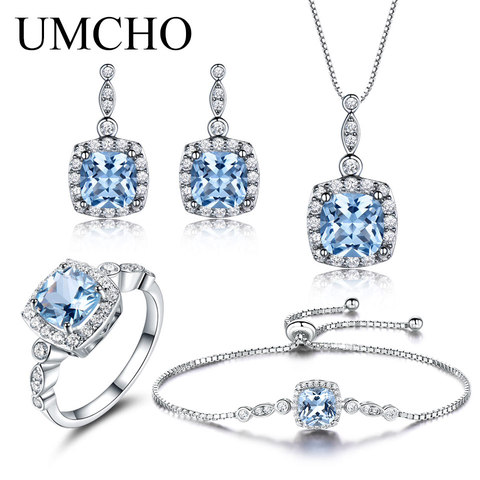 UMCHO 925 Sterling Silver Nano Sky Blue Topaz Jewelry Rings Adjustable Bracelet Drop Earrings Necklaces For Women Wedding Gift ► Photo 1/6