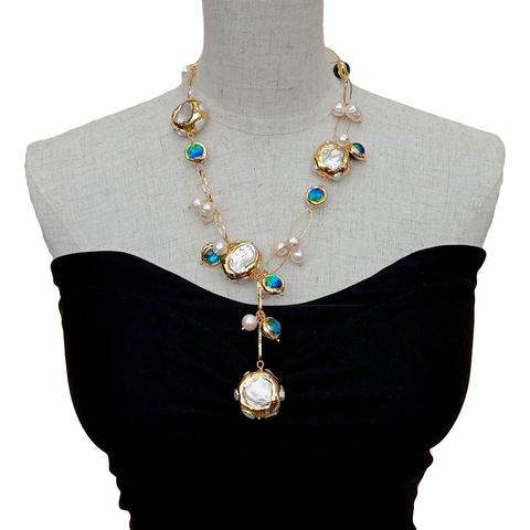 YYGEM Blue Murano Glass  Freshwater Cultured White Keshi Pearl Gold Filled Chain Necklace 21