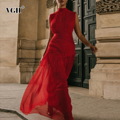 VGH Chiffon Ruched Dress For Women Stand Collar Sleeveless High Waist Maxi Dresses Female 2022 Summer Fashion New Clothing Tide ► Photo 1/6