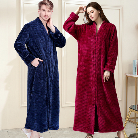 Women Winter Extra Long Thick Warm Bath Robe Plus Size Zipper Luxury Flannel Peignoir Pregnant Bathrobe Men Coral Fleece Robes ► Photo 1/6