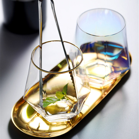 Creative Geometry Glass Cup Golden Rim Crystal Transparent Masonry Coffee Mug Wine cocktail Milk Tea Cup Drinkware Couple Gifts ► Photo 1/1