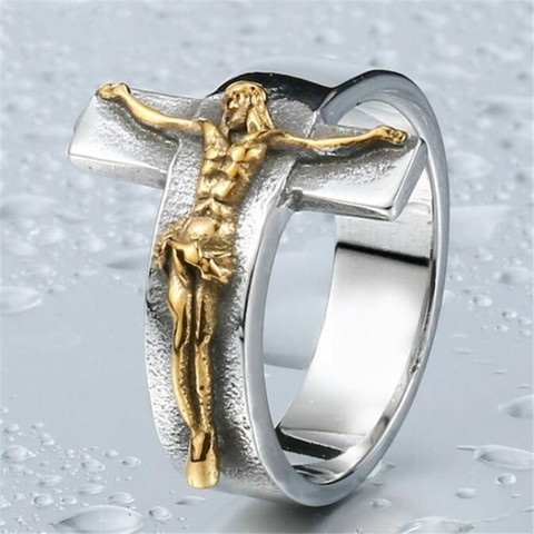 Religious Belief Jesus Cross Ring Gold And Silver Color Metal Men's Index Finger Ring Creative Retro Jewelry ► Photo 1/5