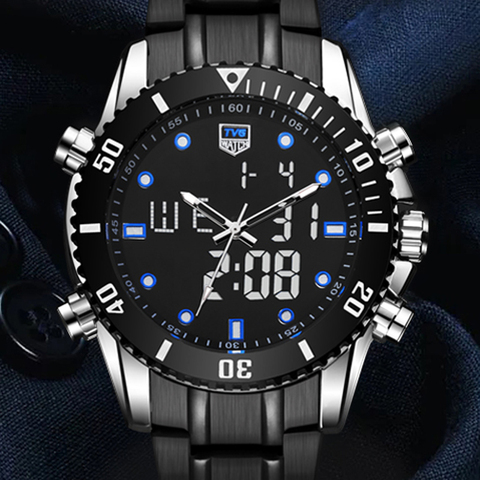 TVG Top Brand Watch Men Sports Watches Black Full Steel Led Analog Digital Quartz Wristwatches 12/24 Hours GMT 2 Time Stop Watch ► Photo 1/6