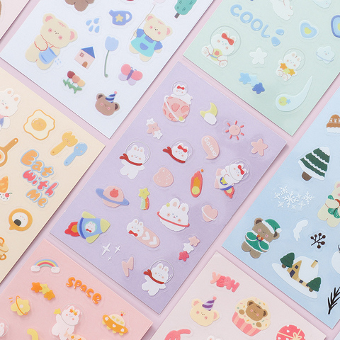 JIANWU 2 Sheets Cute Rabbit Bear PET Stickers Simple and Kawaii Shaped Stickers DIY Decorative Collage Stationery Accessories ► Photo 1/1