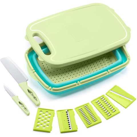 Cutting Board Set Multifunctional Collapsible Basket Drain Mandoline Vegetable Slicer Cutters Knives Collapsible Colander 9 in 1 ► Photo 1/6