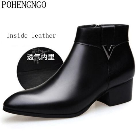 new Fashion Genuine Leather Men's Ankle Boots Black Pointed Toe Boots Men High Heels designer increase Cowboy Dress Shoes Man ► Photo 1/6