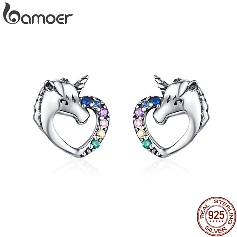 BAMOER Lucky Licorne Stud Earrings for Girl Multicolor Horse Ear Studs 925 Sterling Silver Anti-allergy Jewelry for Kids SCE611 ► Photo 1/6