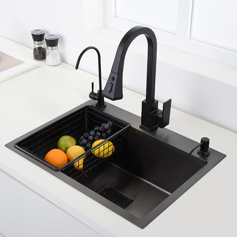 black Kitchen Sink 304 Stainless Steel vegetable washing basin black sink above counter or udermount Single sink kitchen ► Photo 1/6