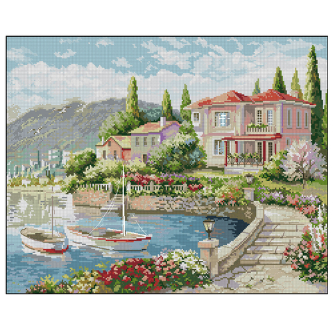 Gold Collection Lovely Counted Cross Stitch Kit Morning on the Coast House Home Town Boat Yacht ► Photo 1/4