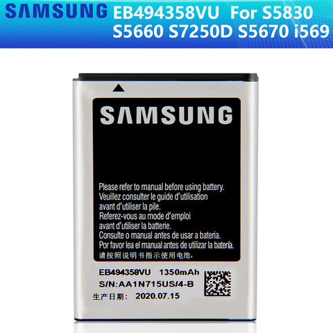 SAMSUNG Original Battery EB494358VU For Samsung Galaxy Ace S5830 S5660 S7250D S5670 i569 I579 GT-S6102 S6818 GT-S5839i 1350mAh ► Photo 1/6