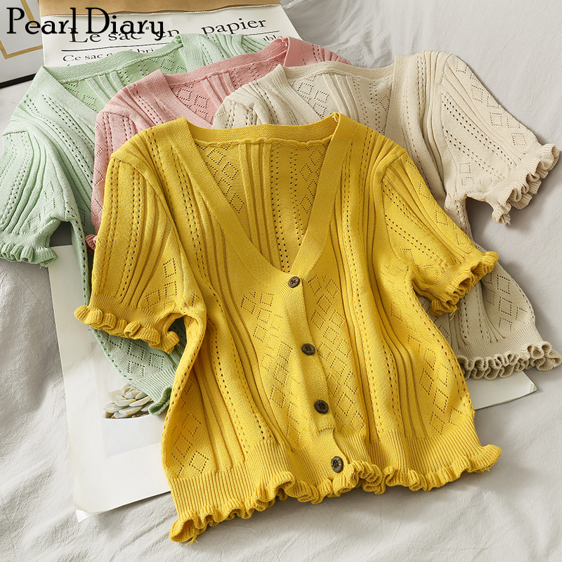 Pearl Diary Women Knitted Button Front Cardigan Top V Neck Frill Hem Hollow Out Sweet Crop Top Tee Knitted Cardigan Shirts 2022 ► Photo 1/6