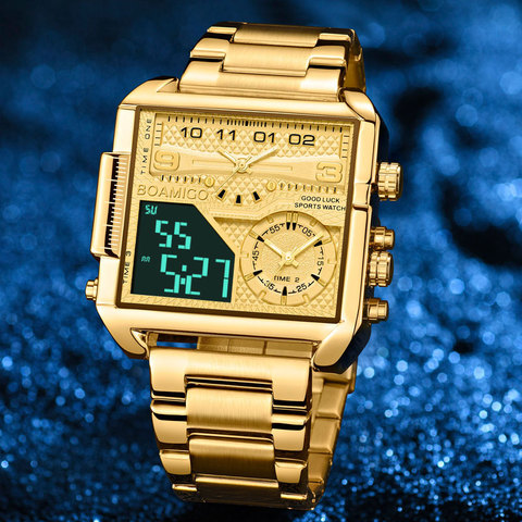 BOAMIGO 2022 New Top Brand Luxury Fashion Men Watches gold Stainless Steel Sport Square Digital Analog Male Quartz Watch for Men ► Photo 1/6