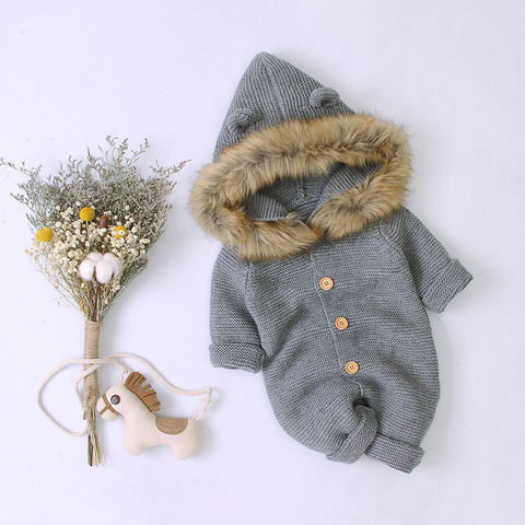 Newborn Baby Rompers Knitted Autumn Boys Girls Long Sleeves Fur Collar Jumpsuit Winter Children's Outfits ► Photo 1/5