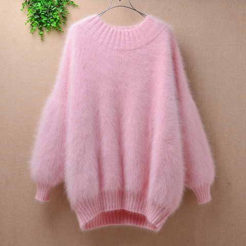 Female women winter thick warm medium long plus size mink cashmere long puff sleeves angora rabbit fur pullover sweater dress ► Photo 1/6