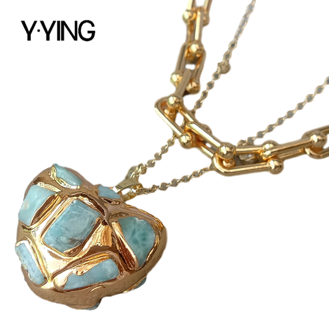 Y·YING Natural Heart Shaped Blue Larimar Pendant necklace Gold color Plated Chain Layers statement Necklace 20