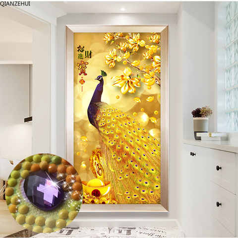 QIANZEHUI,DIY Special Shaped Diamond Embroidery,Living room corridor gold peacock Full Diamond painting cross stitch decoration ► Photo 1/5
