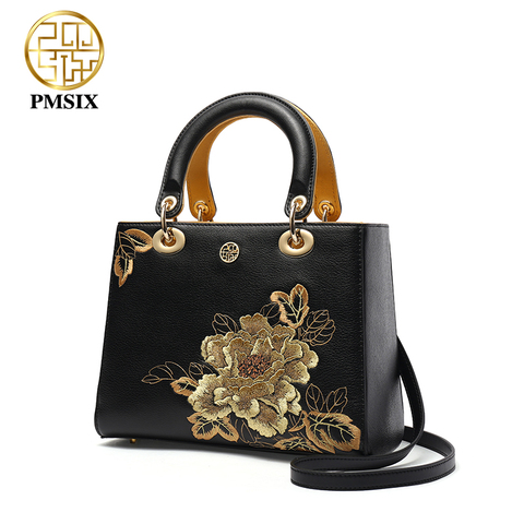 PMSIX Embroidery Gold Flowers Genuine Leather Women Handbag Famous Brand Shoulder Bags Luxury Cowhide Ladies Tote Bag ► Photo 1/6