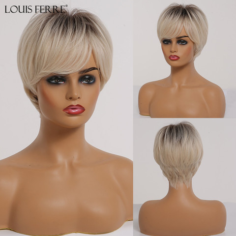 LOUIS FERRE Short Ombre Black Ash Light Blonde White Synthetic Wigs With Bangs For Black Woman Afro Cosplay Wig High-Temperature ► Photo 1/6