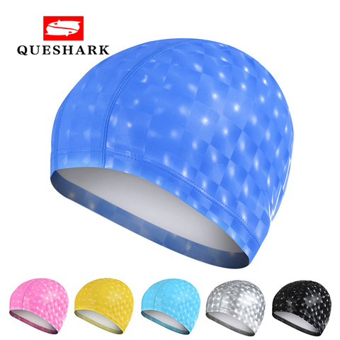 Queshark Men Women Free Size Elastic Waterproof PU Swimming Cap Fabric Protect Ears Long Hair Sports Swim Pool Cap Swim Hat ► Photo 1/6