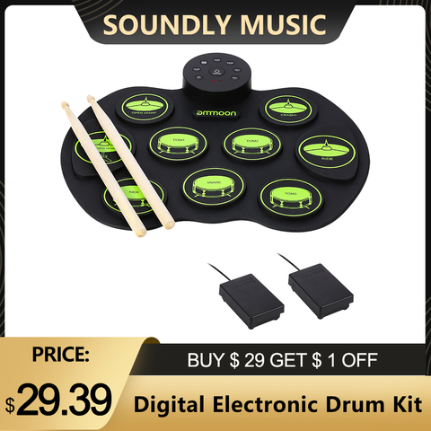 ammoon Digital Electronic Drum Kit Roll-Up Percussion Drum Set Electronic Drum Pad 9 Drum Pads 2 Foot Pedals for Kids Beginners ► Photo 1/6