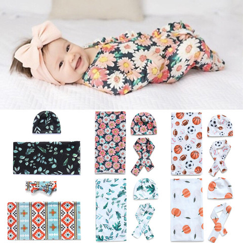 Newborn Swaddle Wrap Headband Hat Set Baby Cotton Receiving Blanket Baby Girls Floral Blanket Hair Band Sleeping Wrap Shower Gif ► Photo 1/6