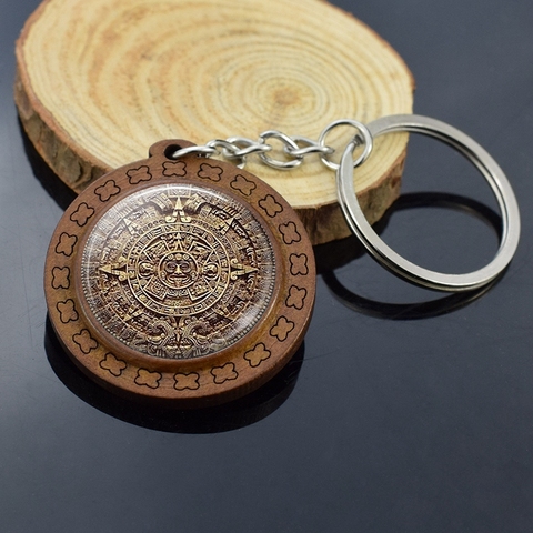 Vintage Wood Jewelry Aztec Calendar Keychains Mexican Jewelry Engraved Wooden Keychain Keyring Mayan Calendar Pendant ► Photo 1/6