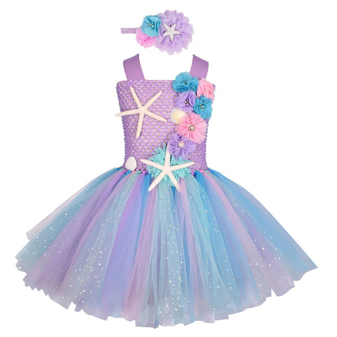 Girls Pastel Mermaid Tutu Dress Under the Sea Theme Birthday Party Costume with Flower Headband Ocean Flower Dresses 1-12Y ► Photo 1/5