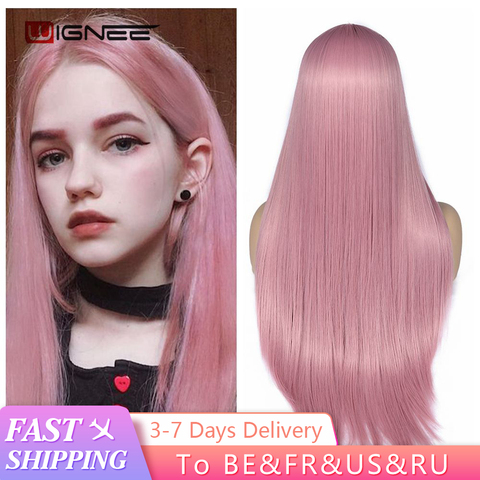 Wignee Pink Long Straight Hair Synthetic Wig For Women Hair Bundle With Closure Daily/Party Heat Resistant Glueless Hair Wigs ► Photo 1/6