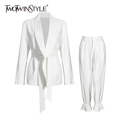 TWOTWINSTYLE Casual White Two Piece Set For Women V Neck Long Sleeve Blazer High Waist Wide Leg Pants Korean Sets Female 2022 ► Photo 1/6