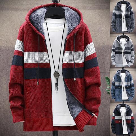 Winter Warm Jacket Men Trench Coat  Casual Coat Knitted Hooded Cardigan Zip Plush Color Block Coat Autumn Winter Men Long Sleeve ► Photo 1/6