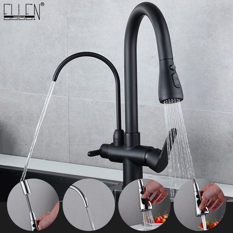 Deck Mounted Black Kitchen Faucets Pull Out Hot Cold Water Filter Tap for Kitchen Three Ways Sink Mixer Kitchen Faucet ELK9139B ► Photo 1/6