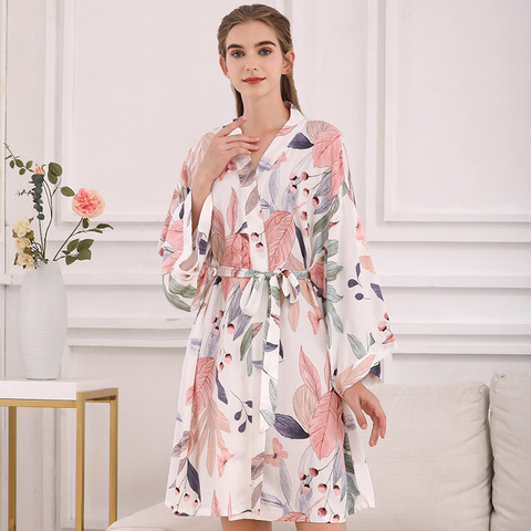 2022 Spring & Summer New Ladies Silk Satin Sleep Robe Kinomo Style Sweet Homerwear Women Comfort Thin Loose Poplin Sleep-Dress ► Photo 1/5