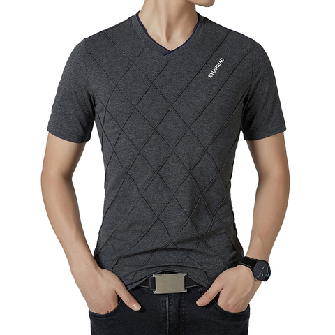 BROWON Brand Summer Casual T Shirt Men Short Sleeve V-neck Elastic Rhombic Pattern Mens Clothes 2022 ► Photo 1/6
