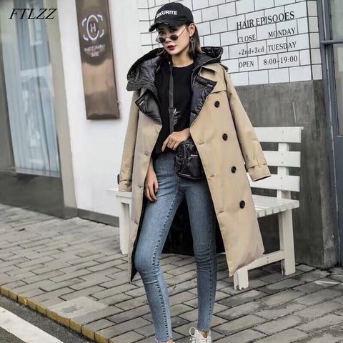 FTLZZ 90% White Duck Down Long Parkas Winter Women Hooded Jacket Double Breasted Windbreaker Coat With Belt Snow Warm Outwear ► Photo 1/6