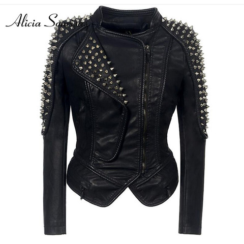 Women Leather Jacket New Spikes Stars Slim Bi-metal Silver Rivet Metallic Jacket PU Punk Biker Leather Coats SX01 ► Photo 1/6