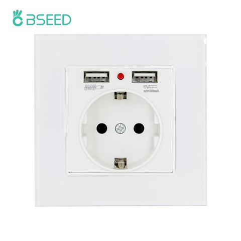 BSEED EU Wall Sockets Single Plugs Sockets White Black Double USB Socket Crystal Glass Panel Sockets Kids Protection 16A ► Photo 1/6