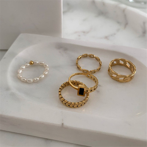 AOMU Punk Vintage Chain Pearl Ring Set Korean Minimalist Personality Metal Gold Ring for Women  Party Jewelry Ring Set ► Photo 1/6