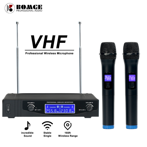 BOMGE V210 Professional Wireless Microphone Mic 2 Channels Karaoke VHF 50 Meters Range For Home Party Church Event ► Photo 1/6
