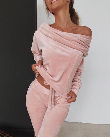 Sweatshirt Women 2 Pieces Set Tracksuit Autumn One Shoulder Suit Pants Sportswear Suede Thick Lounge Suit ► Photo 1/5