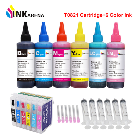 INKARENA 6×100ml Bottle Dye Ink + T0821 Refillable Printer Ink Cartridge For Epson Stylus Photo T50 R290 R295 R390 RX590 RX610 ► Photo 1/4