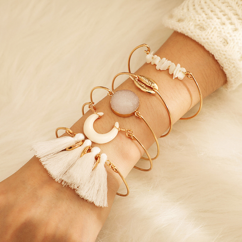 Tocona Boho Tassel Gold Shell Horn Stone Bracelet Bangle Set for Women Geometric Natural Stone Bangle Jewelry 5pcs /set 8195 ► Photo 1/5