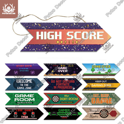 Putuo Decor Game Sign Wooden Arrow Sign Gamer Gift Wood Plate for Man Cave Home Game Room Wall Decoration Irregular Hanging Sign ► Photo 1/1