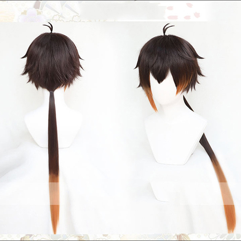 Buy Online Genshin Impact Zhongli Cosplay 90cm Long Christmas Brown Orange Wig Anime Cosplay Heat Resistant Synthetic Wig Halloween Costume Alitools